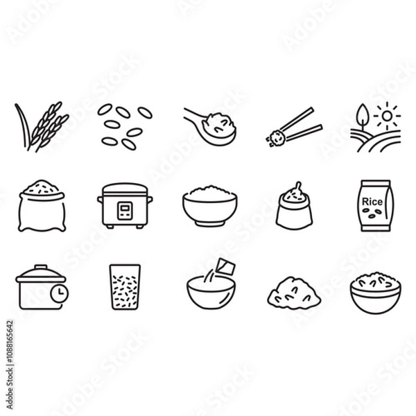 Fototapeta Collection of rice related icons. Cooking rice. Thin line vector.