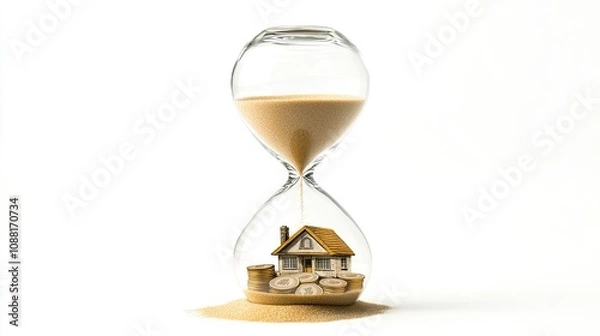 Fototapeta An hourglass with sand flowing, inside the glass is an outline of a sliver coins money in shape of sand, and at its bottom there's a house with sand. The background is white
