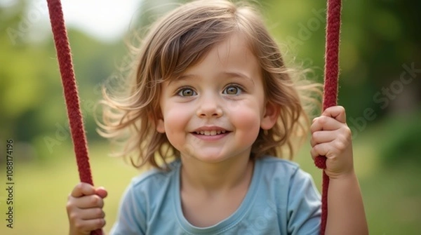 Obraz Child Enjoying a Summer Day Swinging and Smiling in a Green Park. Generative AI