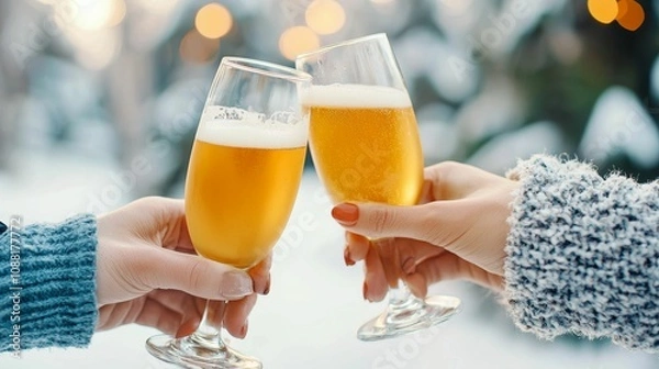 Fototapeta valentine date night sweetness concept, Two hands clink champagne glasses filled with golden bubbly in a snowy setting, celebrating a joyful moment.
