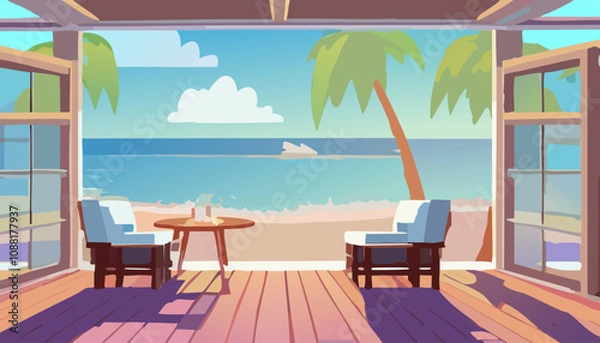 Fototapeta Terrace on the beach. Vector illustration in cartoon style.