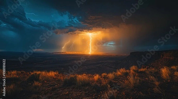 Obraz Dramatic Desert Lightning Storm Night Sky Thunder Clouds