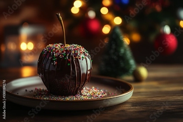 Fototapeta Caramel Apple with Dark Chocolate Drizzle and Sprinkles