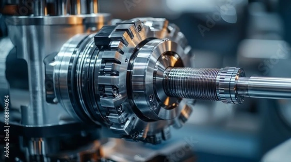 Fototapeta A close-up of a shiny metallic gear mechanism, showcasing intricate details and precision engineering.