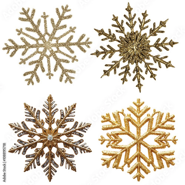 Fototapeta Set of Golden Snowflakes with Glittery Details on Black Background, Elegant and Decorative Winter Elements for Festive Designs