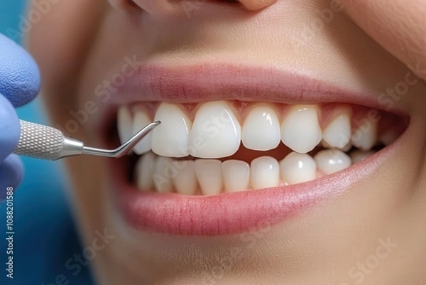 Fototapeta A close-up of a smiling person showcasing bright, white teeth while a dental hygienist uses a tool for oral care.