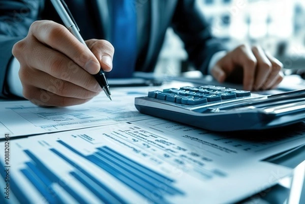 Fototapeta A professional analyzing financial data using a calculator, pen, and documents with graphs and charts.