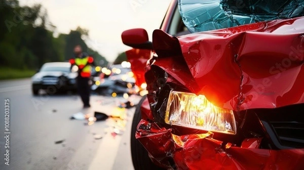 Fototapeta A close-up of a red car involved in a collision, with visible damage and emergency responders managing the scene in the background.