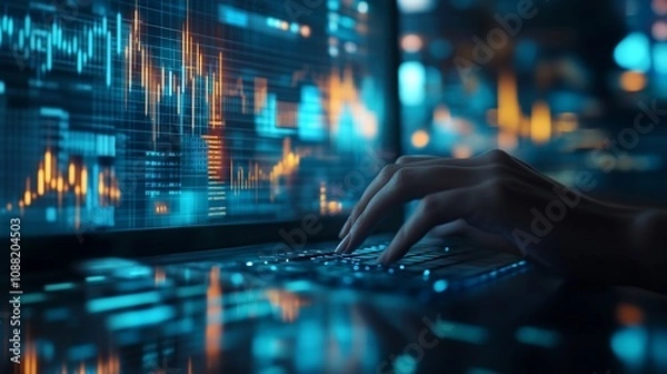 Fototapeta Close-up of hands typing on laptop displaying financial data.