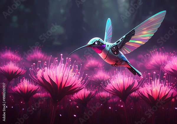 Obraz Conceptual illustration of a robotic hummingbird pollinating a field of glowing neon flowers, digital art