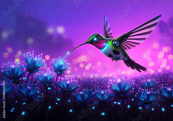 Obraz Conceptual illustration of a robotic hummingbird pollinating a field of glowing neon flowers, digital art