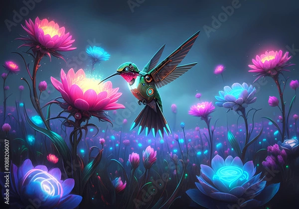 Obraz Conceptual illustration of a robotic hummingbird pollinating a field of glowing neon flowers, digital art