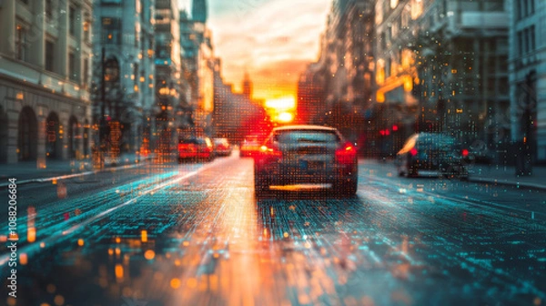 Obraz Autonomous Vehicle, Cityscape, Sunset, Data Stream, Glitch Art