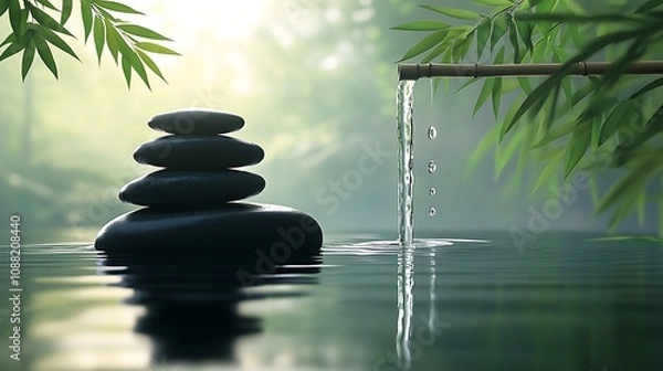 Fototapeta Tranquil spa scene with balance stones and bamboo fountain in serene natural setting : Generative AI