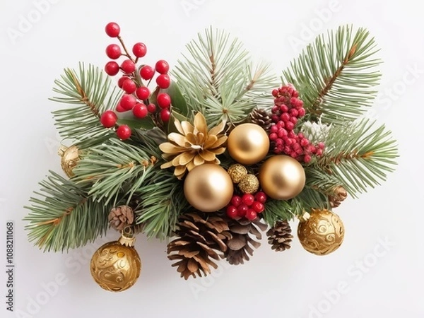 Fototapeta Christmas bouquet with pine branches, ornaments and pine cones isolated on white background
