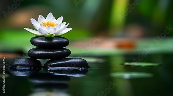Fototapeta Peaceful water lily and smooth stones forming zen balance on lush reflective water : Generative AI