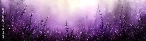 Fototapeta A breathtaking field of purple flowers shrouded in soft mist, creating a serene and magical atmosphere. The delicate petals glisten in the warm, diffused light.