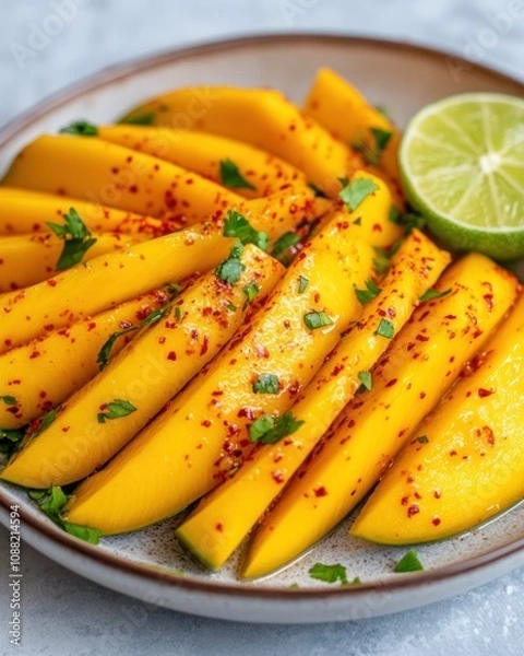 Obraz A vibrant plate of mango slices sprinkled with chili powder and garnished with fresh herbs and a lime wedge.