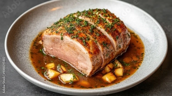 Fototapeta A succulent roasted meat dish garnished with herbs, served in a flavorful sauce with diced vegetables on a stylish plate.