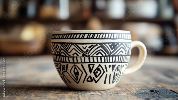 Obraz Hand-drawn tribal patterns in black ink, inspired by ethnic designs, perfect for a unique and artistic cup