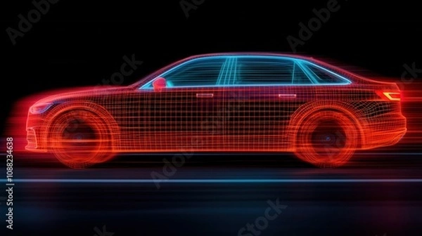 Fototapeta 3D Wireframe Render of a Futuristic Car with Neon Glow Effect on Dark Background, Representing Technology, Speed, and Innovation in Automotive Design
