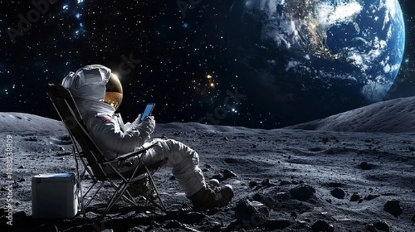 Fototapeta 2410_314.an astronaut in full space gear sitting in a folding chair on the moon, looking at a phone, as earth looms large in the sky the scene is illuminated by soft moonlight, with the vast expanse