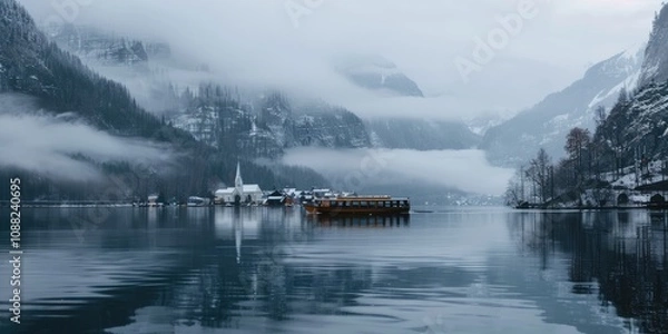 Fototapeta Boat on Hallstatt Lake with a View of the Village and Surrounding Mountains