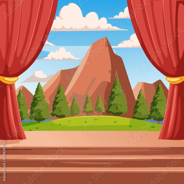 Fototapeta Background scene with red curtains and mountains illustration. Cartoon style vector.