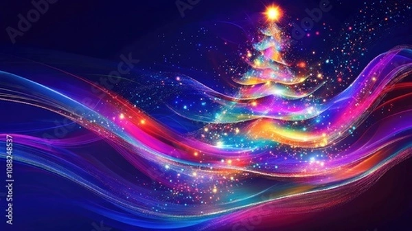 Fototapeta Bright and cheerful abstract Christmas tree with colorful decorations and sparkling lights, perfect for seasonal projects.