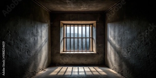 Fototapeta View from dark interior outside through small barred window, prison, confinement, restricted, isolated, trapped