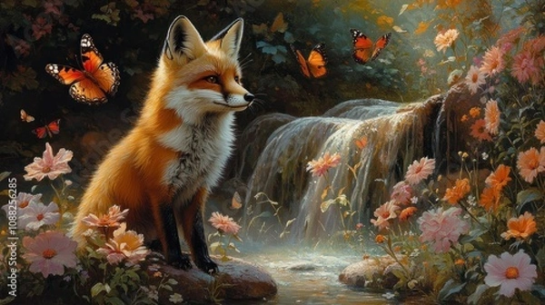 Fototapeta A Fox Gazing at a Waterfall in a Lush Garden