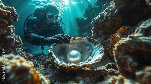 Fototapeta Diver discovering a pearl in an oyster