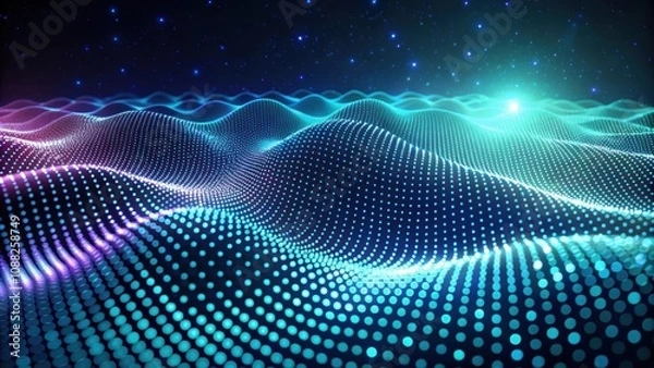 Fototapeta Abstract wave surface with dots and glowing highlights , abstract, wave, surface, dots, glowing, highlights, design