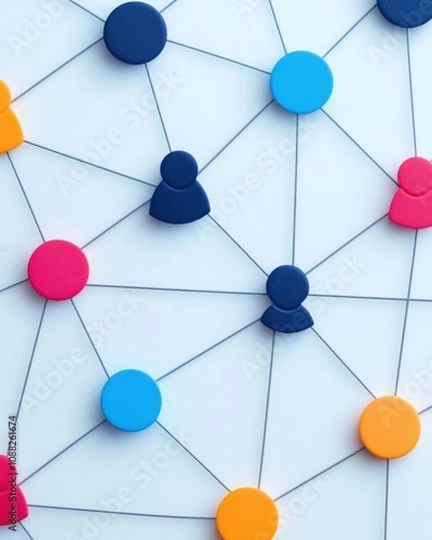 Obraz A colorful network of connected dots and figures, symbolizing communication, collaboration, and social interactions.