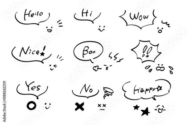Fototapeta おしゃれな手書き風、落書き風のかわいいふきだしセット