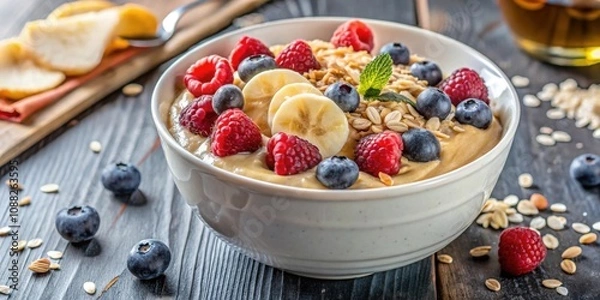 Fototapeta Overnight oatmeal topped with sliced banana, mixed berries, coconut chips and a dollop of peanut butter , healthy, breakfast