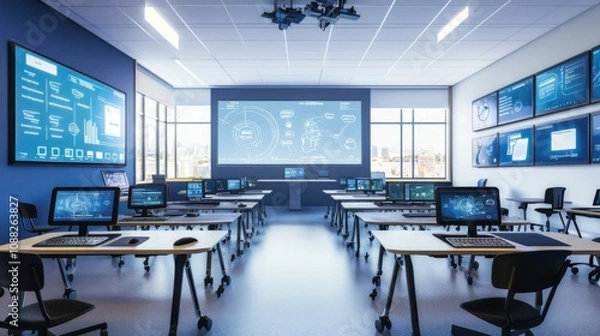 Obraz A sophisticated AI-powered smart classroom with interactive digital boards, modern educational setting with integrated interactive displays and student engagement tools, Digital Learning style