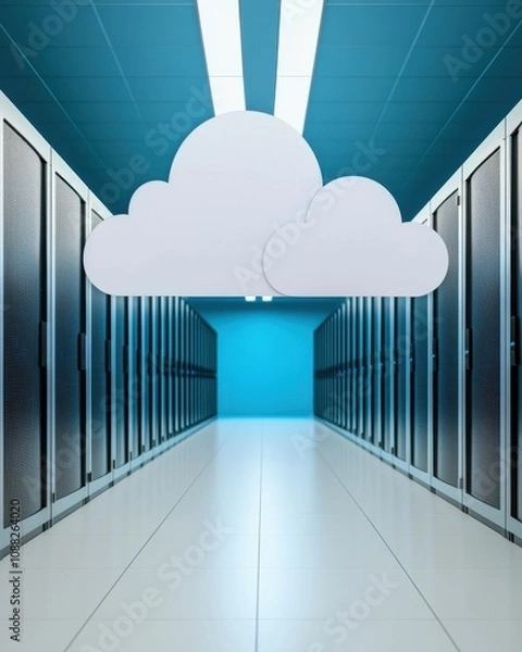 Obraz A modern data center hallway with server racks on either side, featuring stylized cloud icons overhead, symbolizing cloud computing.
