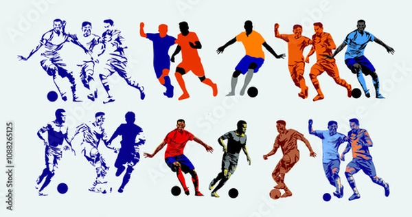 Fototapeta Football, soccer player silhouettes vector illustration element. Sport, ball, game shadow athlete collection.