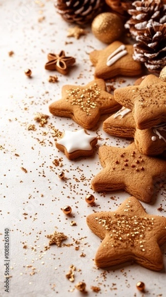 Fototapeta Traditional European Christmas desserts showcase festive cookies adorned with sprinkles and icing, creating a warm, inviting atmosphere perfect for holiday celebrations.