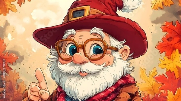 Fototapeta Cheerful Autumnal Gnome Offering a Pointing Gesture Amidst Vibrant Fall Foliage, cartoon style