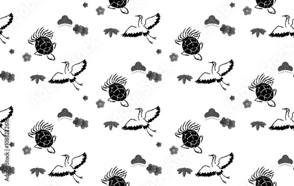 Obraz 松竹梅と鶴亀のシームレスパターン  和柄　白黒　背景　