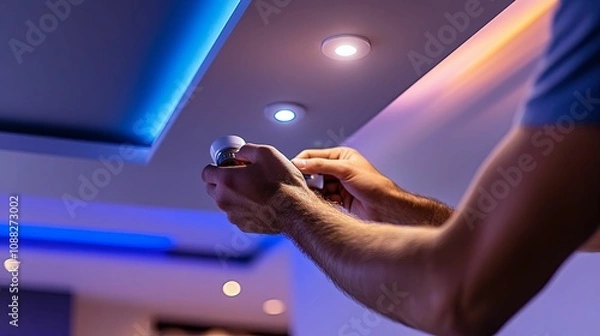 Obraz Man Installing Smart Light Bulb In Modern Room