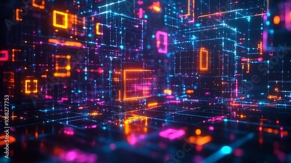 Fototapeta Abstract Digital Network with Neon Lights