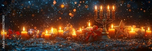Obraz Vibrant Hanukkah banner with traditional gifts and menorah isolated on a dark background with ample copy space for holiday messages or text