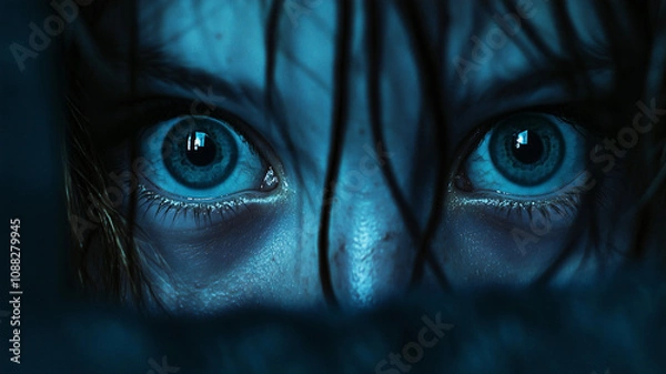 Fototapeta Scared eyes, close up. Illustration for horror or mystery story



