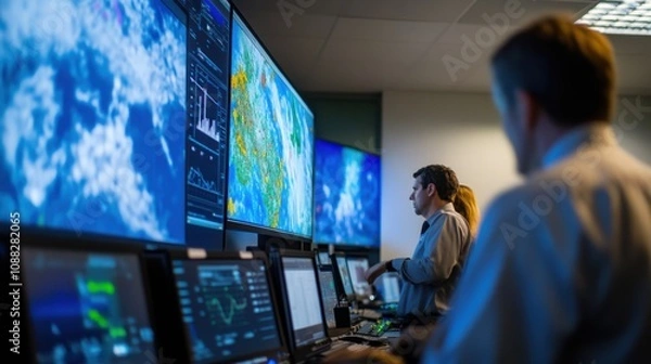 Obraz An advanced weather forecasting center with meteorologists analyzing real-time satellite data and weather models, Meteorology technology style, photo of