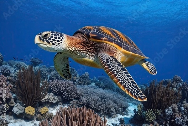 Fototapeta Colorful Turtle Gliding Through Coral Reef Underwater Scenery