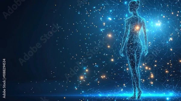 Fototapeta Abstract polygonal human figure in wireframe design with glowing stars