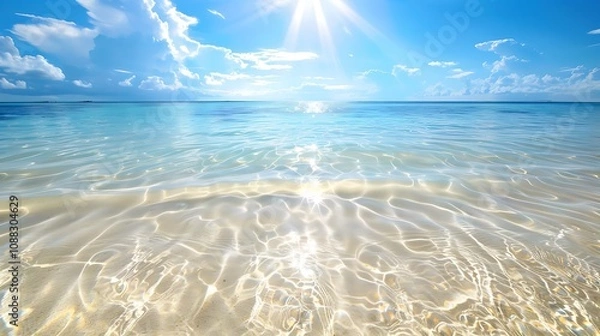 Fototapeta A golden beach with crystal-clear waters and soft white sand, under a bright, sunny sky.